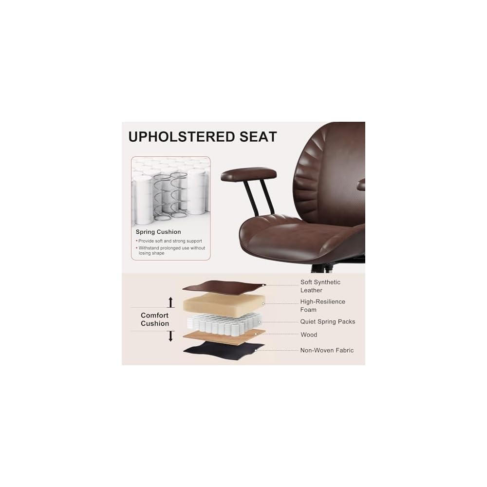 VECELO Ergonomic Office Chair with Removable Armrests, PU Leather Desk Chair with Rubber Casters, Tilt Function, Adjustable Height, Swivel Rolling Computer Chair, for Home, Office, Task Work, Brown