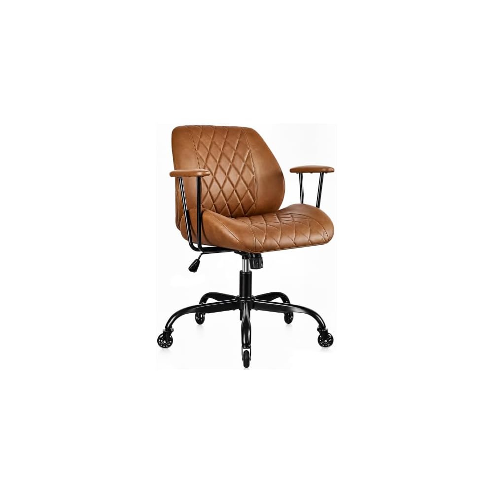 VECELO Ergonomic Office Chair with Removable Armrests, PU Leather Desk Chair with Rubber Casters, Tilt Function, Adjustable Height, Swivel Rolling Computer Chair, for Home, Office, Task Work, Brown
