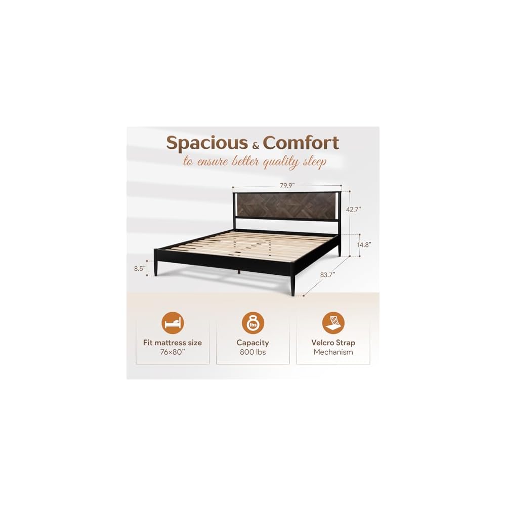 Howizz Lenia Solid Wood King Bed Frame with Tall Headboard, Mocha Black