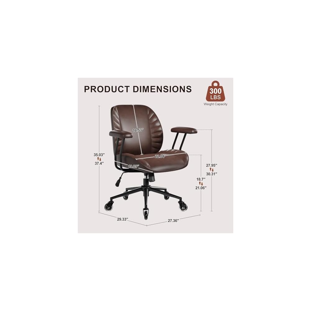 VECELO Ergonomic Office Chair with Removable Armrests, PU Leather Desk Chair with Rubber Casters, Tilt Function, Adjustable Height, Swivel Rolling Computer Chair, for Home, Office, Task Work, Brown