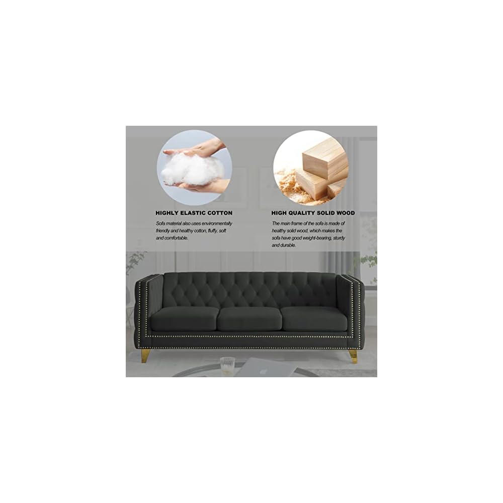 KEIKI Tufted Velvet 3 Seat Sofa Couch for Living Room, Buttons Tufted Square Arm Couch for Home Apartment, Black