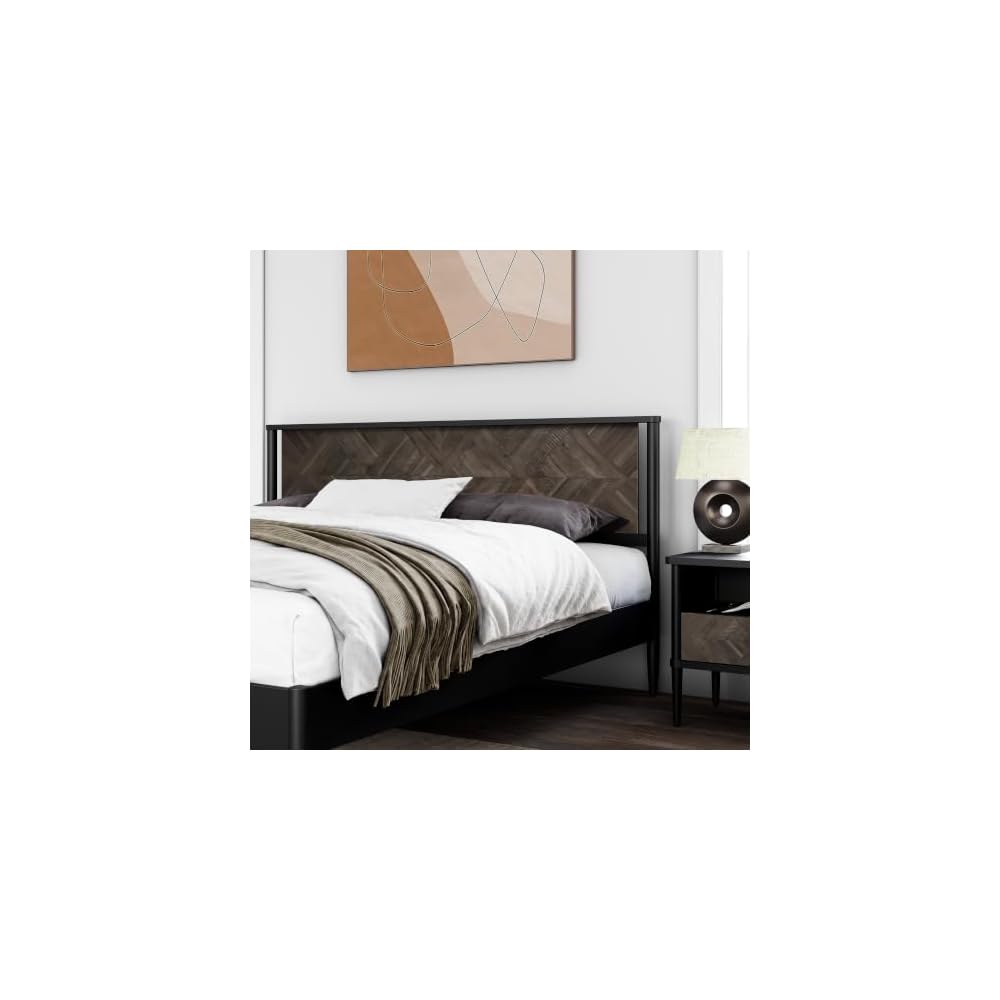 Howizz Lenia Solid Wood King Bed Frame with Tall Headboard, Mocha Black