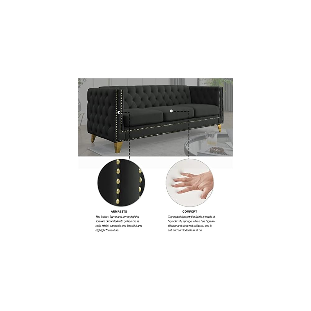 KEIKI Tufted Velvet 3 Seat Sofa Couch for Living Room, Buttons Tufted Square Arm Couch for Home Apartment, Black