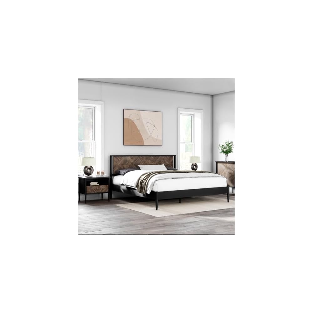 Howizz Lenia Solid Wood King Bed Frame with Tall Headboard, Mocha Black