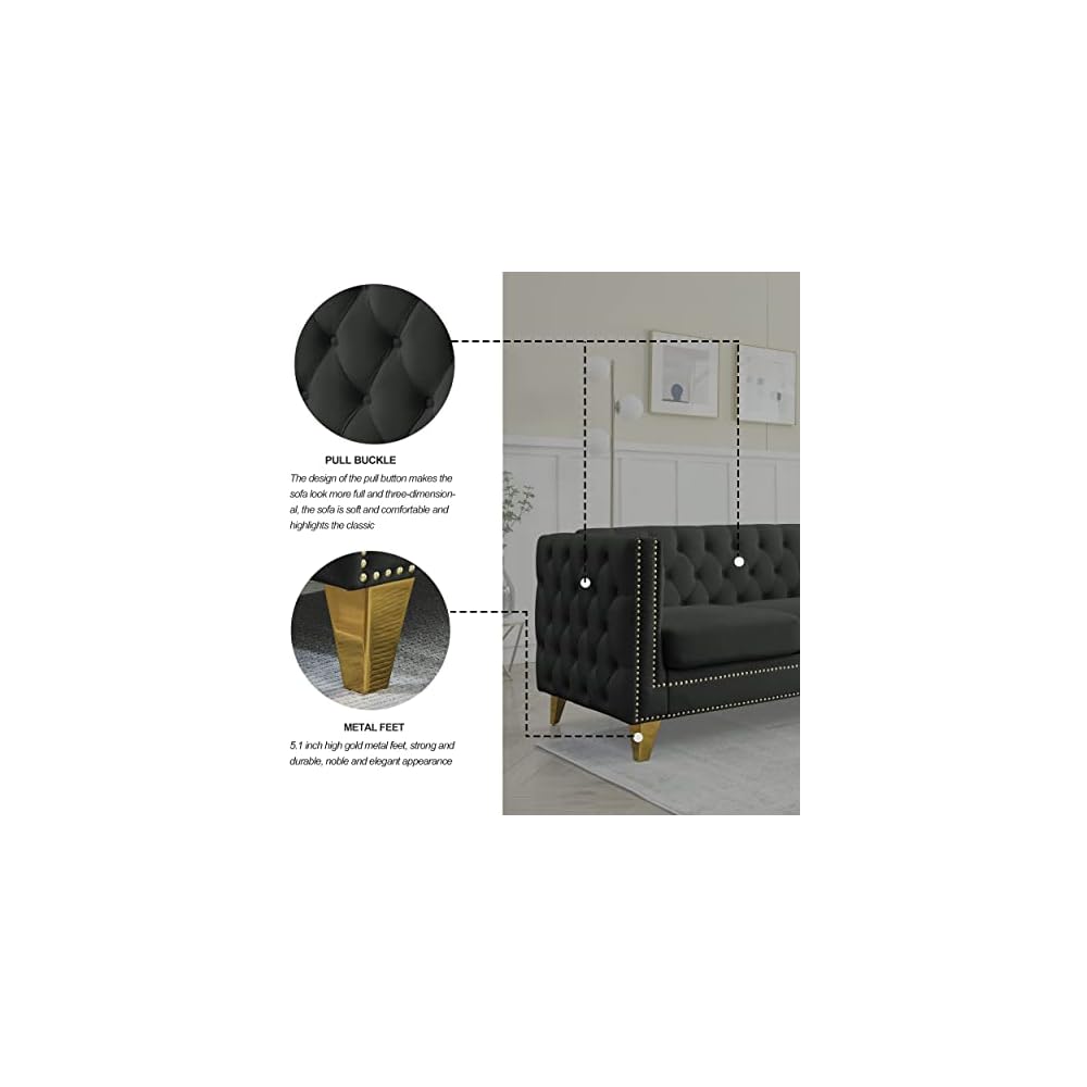 KEIKI Tufted Velvet 3 Seat Sofa Couch for Living Room, Buttons Tufted Square Arm Couch for Home Apartment, Black