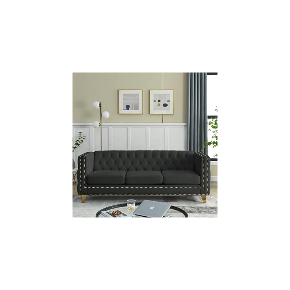 KEIKI Tufted Velvet 3 Seat Sofa Couch for Living Room, Buttons Tufted Square Arm Couch for Home Apartment, Black
