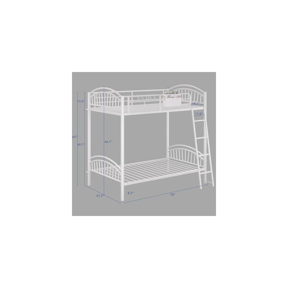 Decofy Metal Bunk Bed Twin Over Twin with Storage Bag, 2 Twin Size Beds with Safety Guard Rails and Anti-tip Nails for Teenager,Girls or Boys (White)