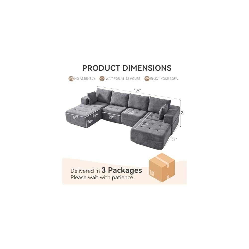 Modular Sectional Boneless Couch, Chenille Tufted Sectional Couches, No Assembly Cloud Sofa