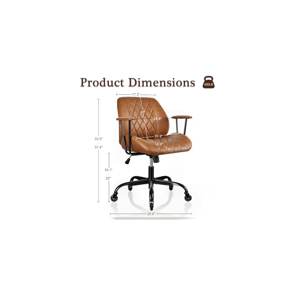 VECELO Ergonomic Office Chair with Removable Armrests, PU Leather Desk Chair with Rubber Casters, Tilt Function, Adjustable Height, Swivel Rolling Computer Chair, for Home, Office, Task Work, Brown