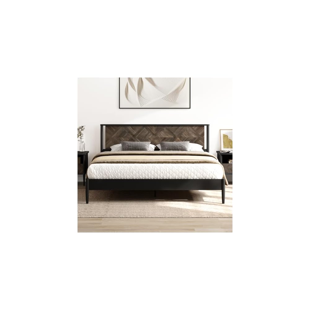 Howizz Lenia Solid Wood King Bed Frame with Tall Headboard, Mocha Black