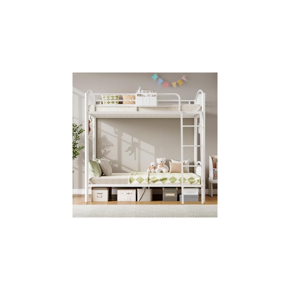 Decofy Metal Bunk Bed Twin Over Twin with Storage Bag, 2 Twin Size Beds with Safety Guard Rails and Anti-tip Nails for Teenager,Girls or Boys (White)