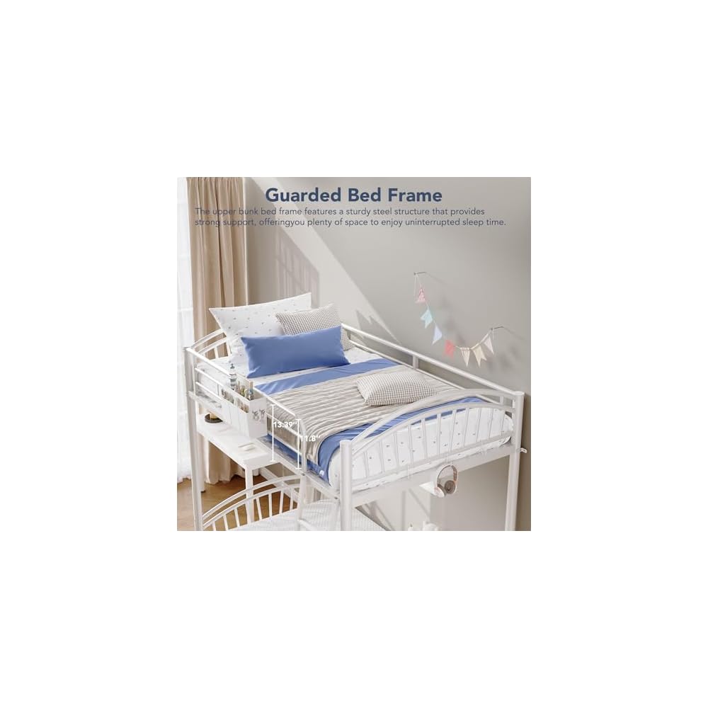 Decofy Metal Bunk Bed Twin Over Twin with Storage Bag, 2 Twin Size Beds with Safety Guard Rails and Anti-tip Nails for Teenager,Girls or Boys (White)