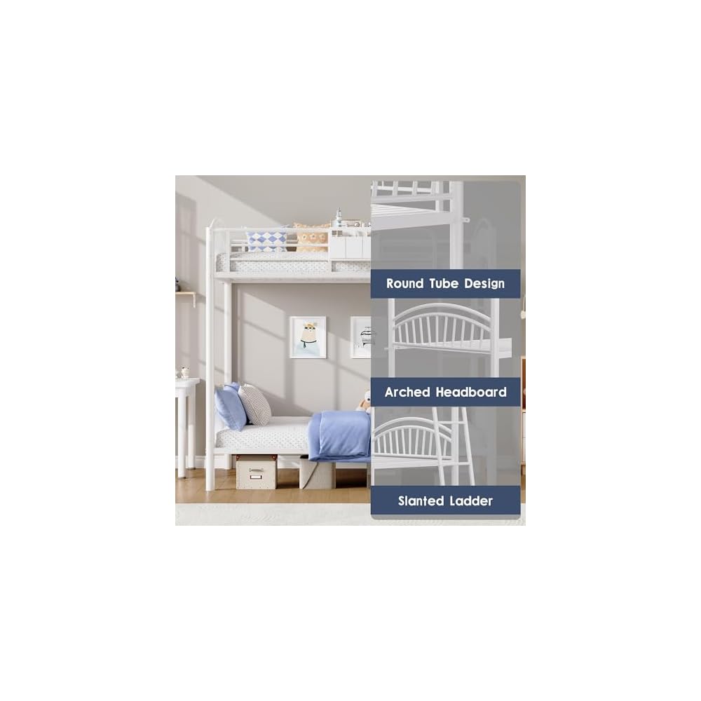 Decofy Metal Bunk Bed Twin Over Twin with Storage Bag, 2 Twin Size Beds with Safety Guard Rails and Anti-tip Nails for Teenager,Girls or Boys (White)