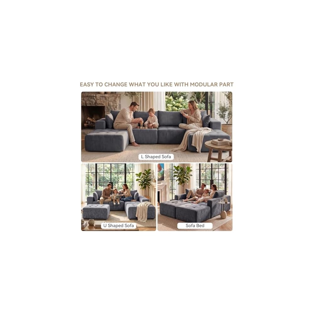Modular Sectional Boneless Couch, Chenille Tufted Sectional Couches, No Assembly Cloud Sofa
