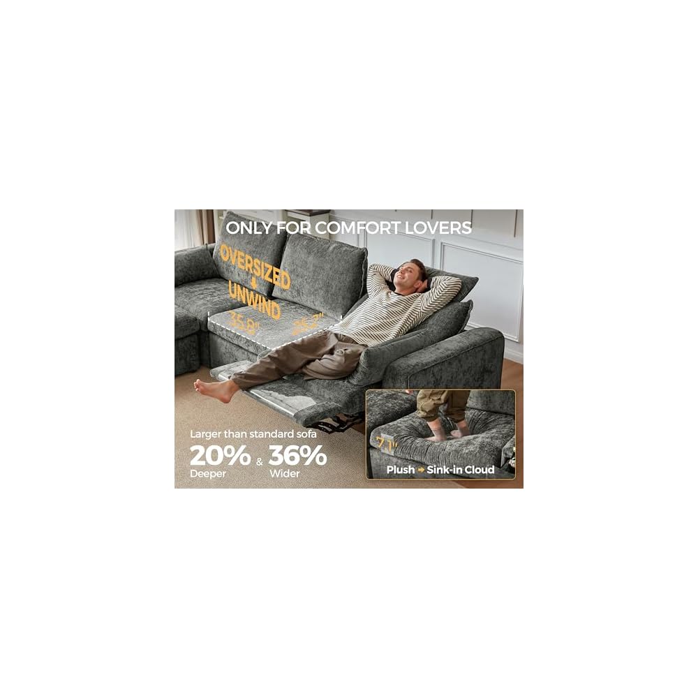 125" Modular Power Reclining Sectional 3 Seater Sofa with Ottoman, Chenille
