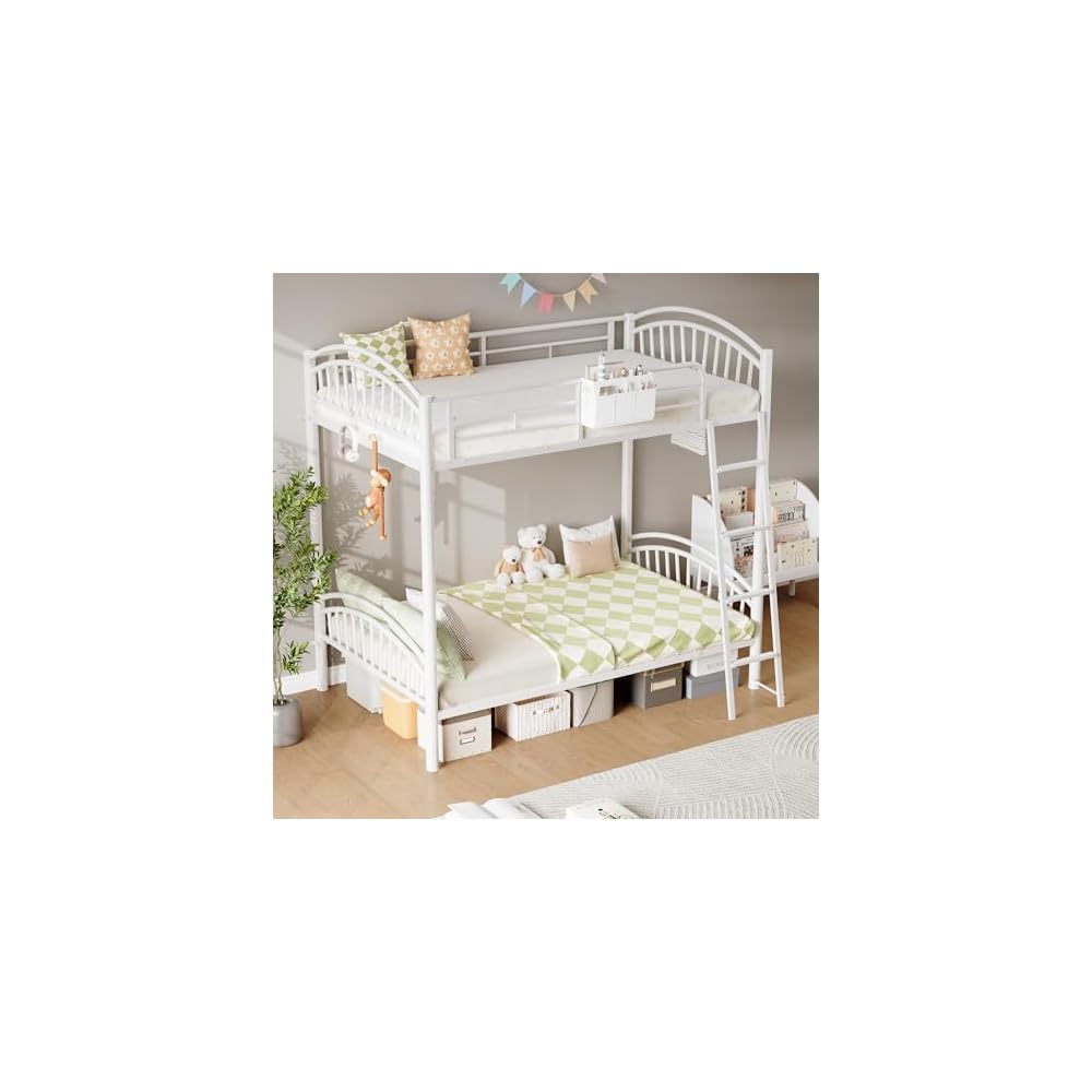 Decofy Metal Bunk Bed Twin Over Twin with Storage Bag, 2 Twin Size Beds with Safety Guard Rails and Anti-tip Nails for Teenager,Girls or Boys (White)