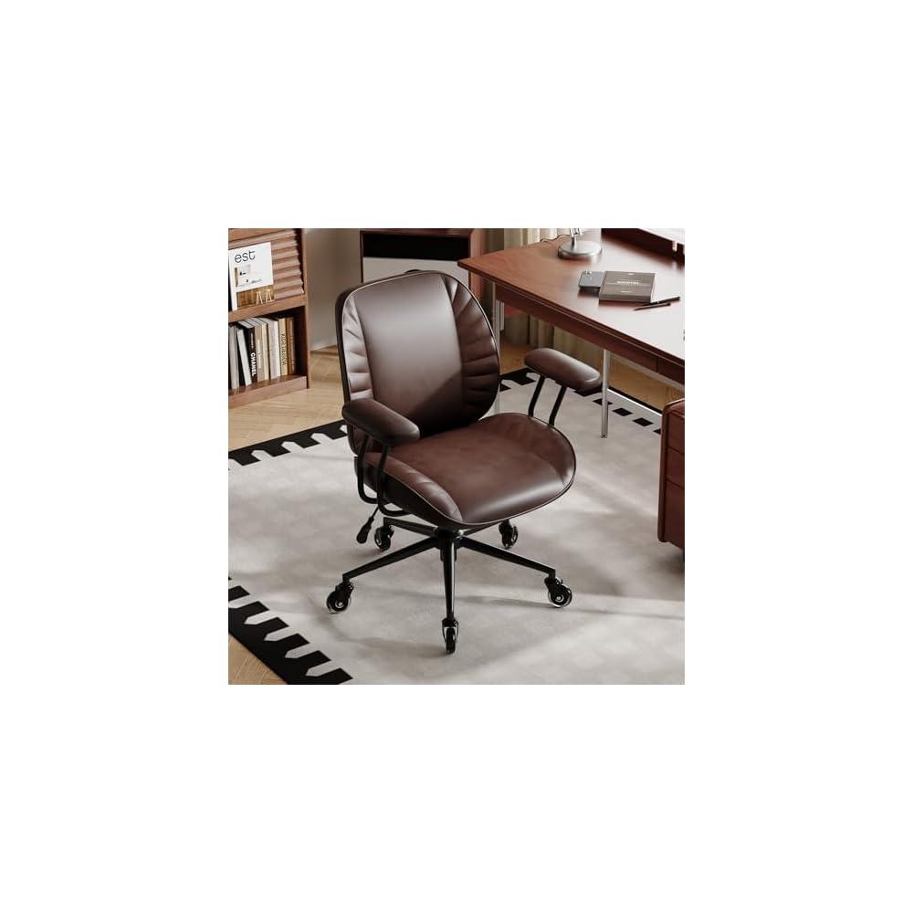 VECELO Ergonomic Office Chair with Removable Armrests, PU Leather Desk Chair with Rubber Casters, Tilt Function, Adjustable Height, Swivel Rolling Computer Chair, for Home, Office, Task Work, Brown