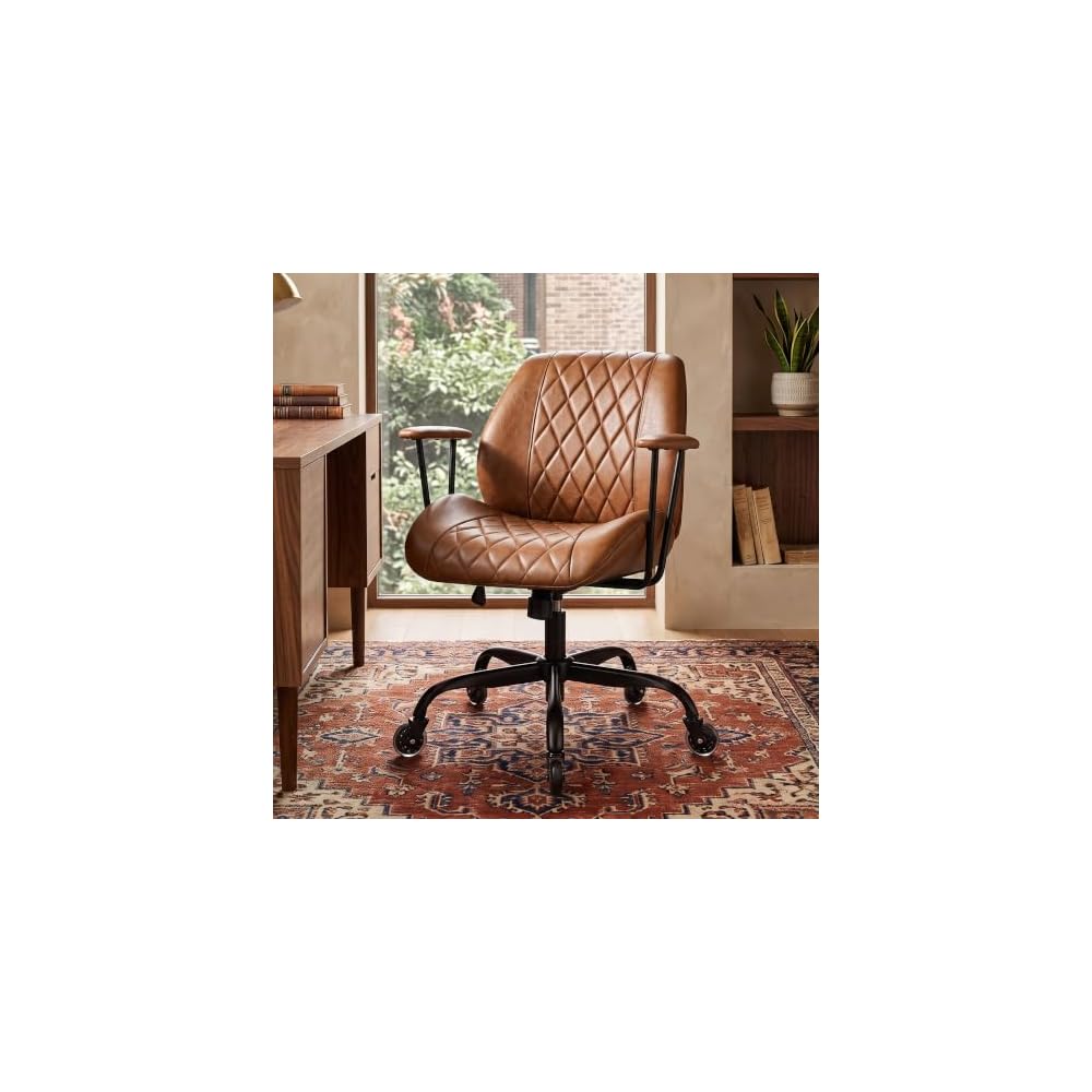 VECELO Ergonomic Office Chair with Removable Armrests, PU Leather Desk Chair with Rubber Casters, Tilt Function, Adjustable Height, Swivel Rolling Computer Chair, for Home, Office, Task Work, Brown