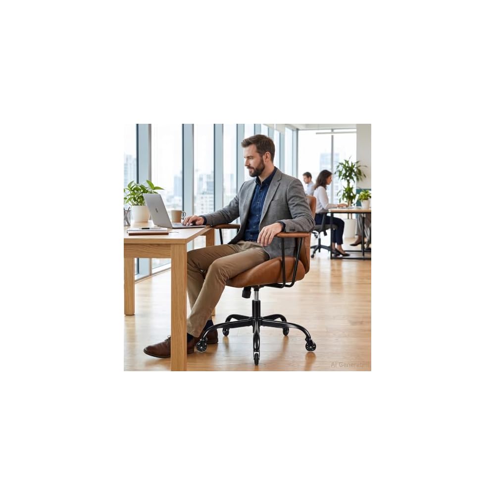 VECELO Ergonomic Office Chair with Removable Armrests, PU Leather Desk Chair with Rubber Casters, Tilt Function, Adjustable Height, Swivel Rolling Computer Chair, for Home, Office, Task Work, Brown