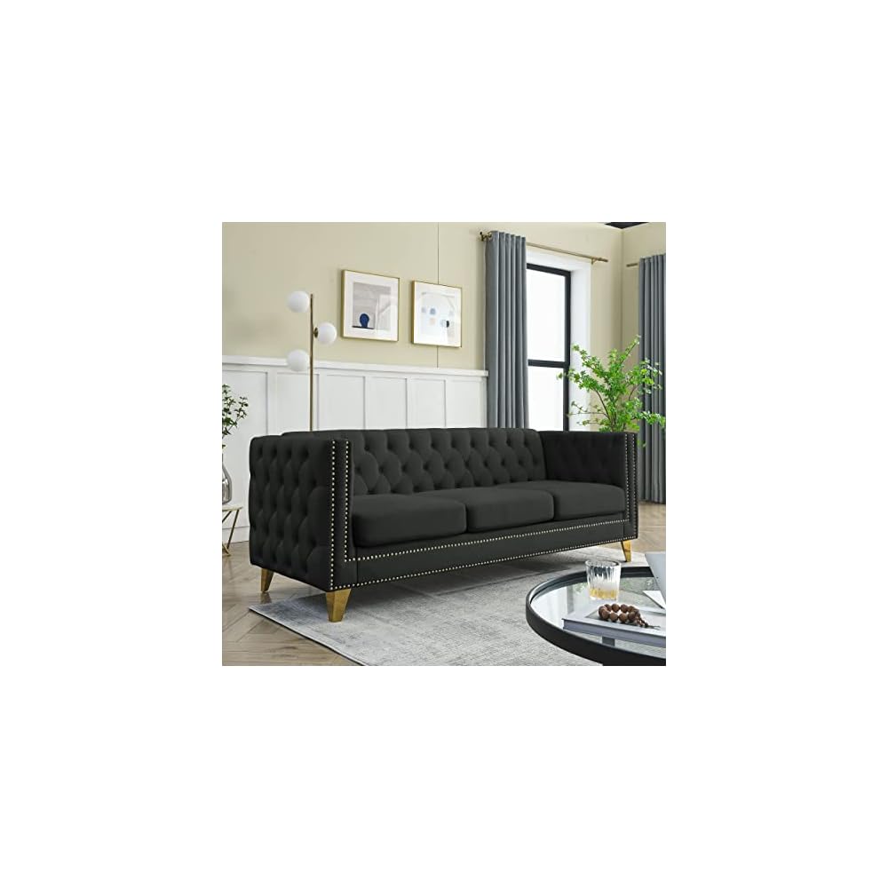 KEIKI Tufted Velvet 3 Seat Sofa Couch for Living Room, Buttons Tufted Square Arm Couch for Home Apartment, Black