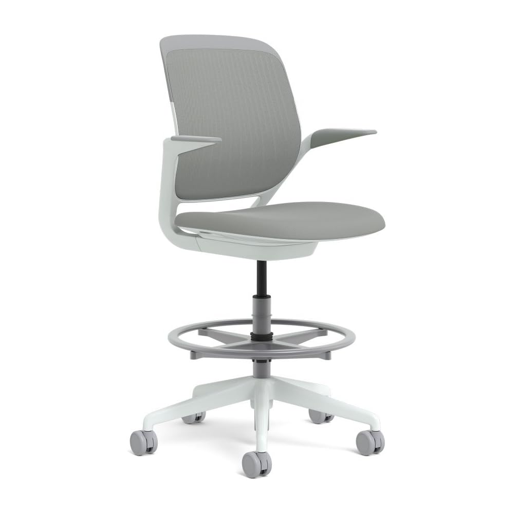 Steelcase White Base with Standard Carpet Casters Cobi Stool, Nickel