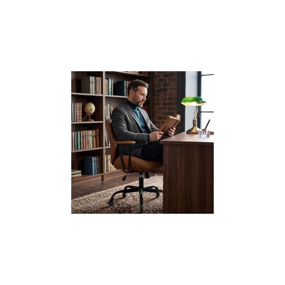 VECELO Ergonomic Office Chair with Removable Armrests, PU Leather Desk Chair with Rubber Casters, Tilt Function, Adjustable Height, Swivel Rolling Computer Chair, for Home, Office, Task Work, Brown