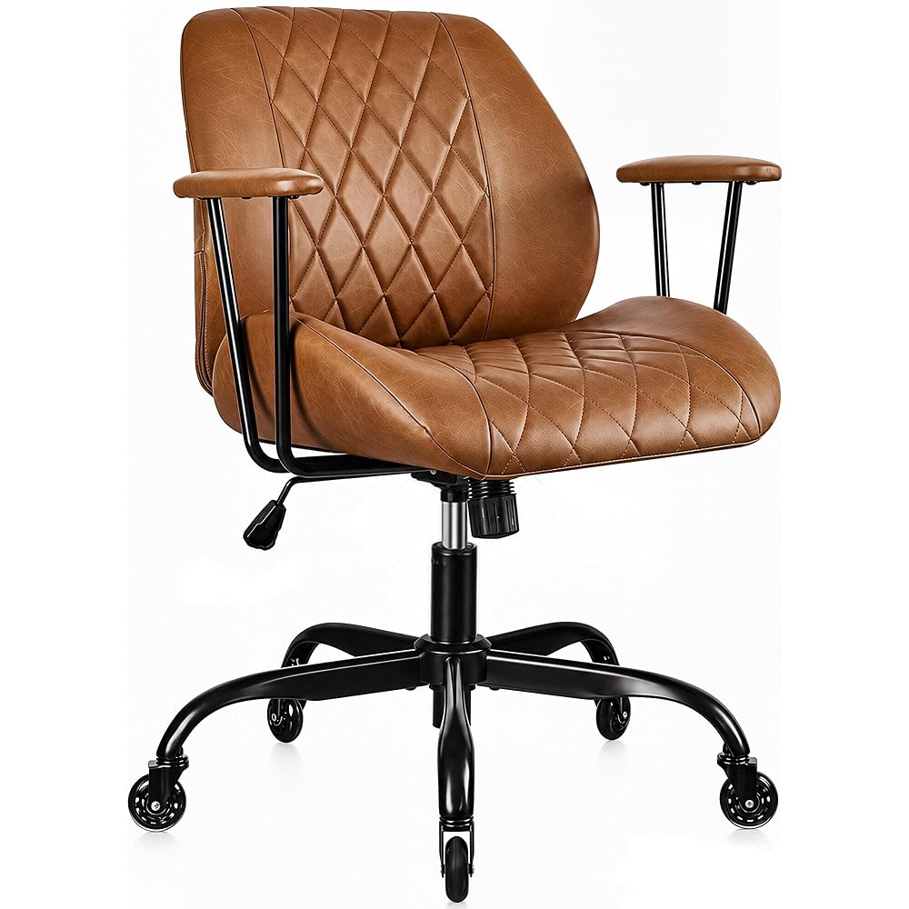 VECELO Ergonomic Office Chair with Removable Armrests, PU Leather Desk Chair with Rubber Casters, Tilt Function, Adjustable Height, Swivel Rolling Computer Chair, for Home, Office, Task Work, Brown