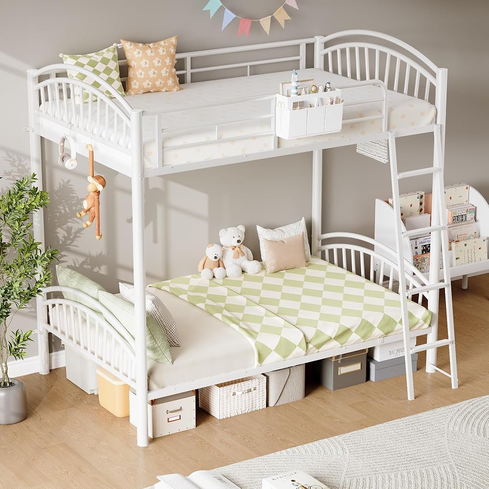 Decofy Metal Bunk Bed Twin Over Twin with Storage Bag, 2 Twin Size Beds with Safety Guard Rails and Anti-tip Nails for Teenager,Girls or Boys (White)