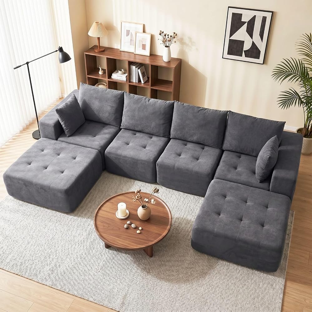 Modular Sectional Boneless Couch, Chenille Tufted Sectional Couches, No Assembly Cloud Sofa