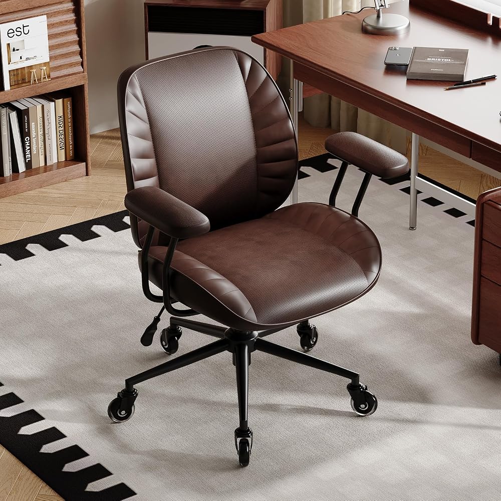VECELO Ergonomic Office Chair with Removable Armrests, PU Leather Desk Chair with Rubber Casters, Tilt Function, Adjustable Height, Swivel Rolling Computer Chair, for Home, Office, Task Work, Brown
