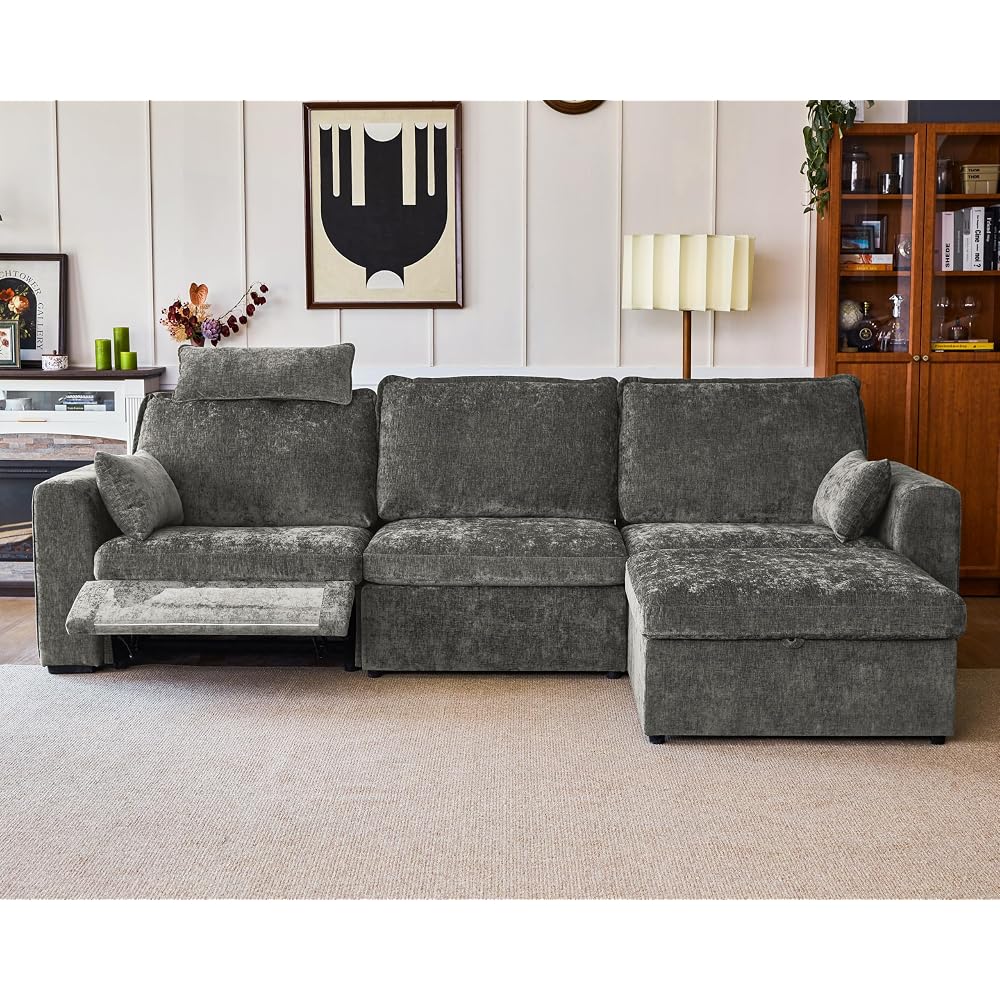 125" Modular Power Reclining Sectional 3 Seater Sofa with Ottoman, Chenille